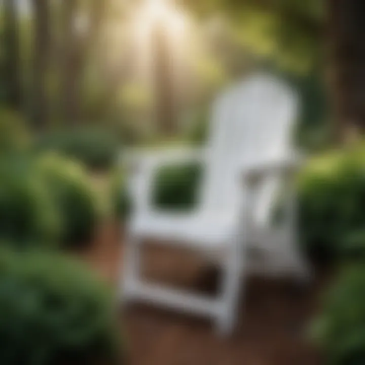 White Painted Adirondack Chair Against Lush Greenery