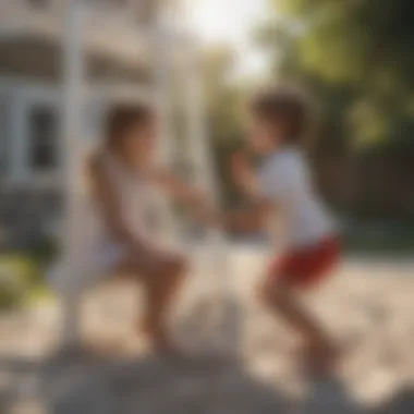 Children joyfully playing on a white outdoor playset