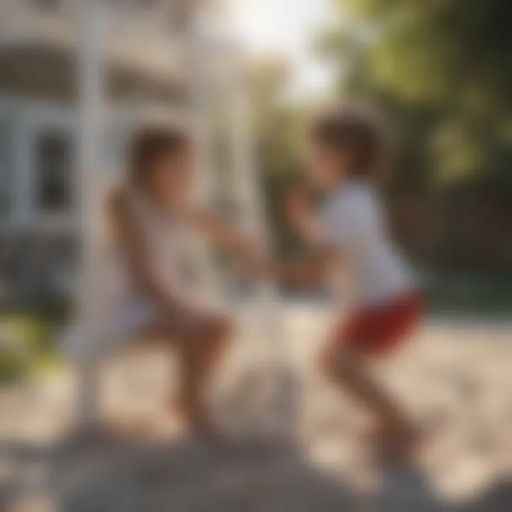 Children joyfully playing on a white outdoor playset