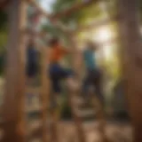 Children playing on wooden climbing frame