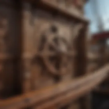 Close-up of intricate details on a wooden pirate ship play structure