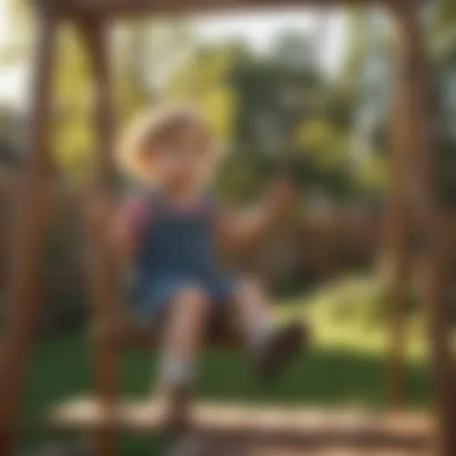 Children playing creatively on wooden swing set