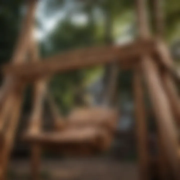 Close-up of the intricate craftsmanship of a wooden swing set with two slides