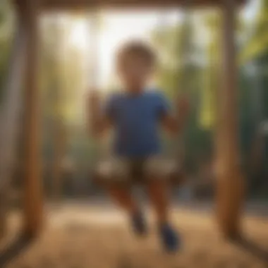 Children enjoying physical activity on wooden swing set